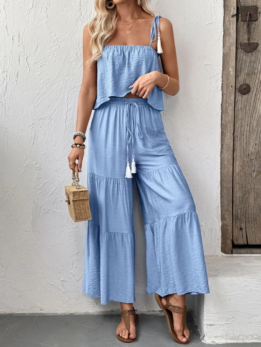 🌸Blue Ruffle Cami Top and Wide Leg Pants Set - Picture 2 of 4